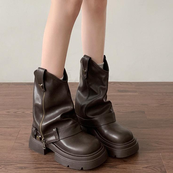 Fashion 2024 Autumn Women's Knee High Boots Western Round Toe Long Boots Women Western Shoes Chunky Heel Platform Women