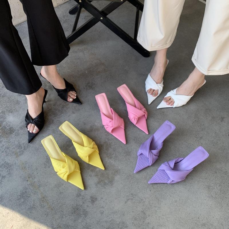 Fashion Thin Heels High-Heeled Shoes Lady Low Candy Colors Slippers Women Summer Slides Pointed Toe Pantofle Fashion 2025 Luxury Rome Sc
