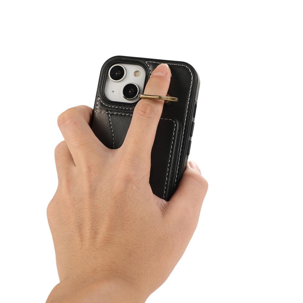 For iPhone 15 PU Leather Back Case Card Holder Kickstand Phone Cover with Wrist Strap