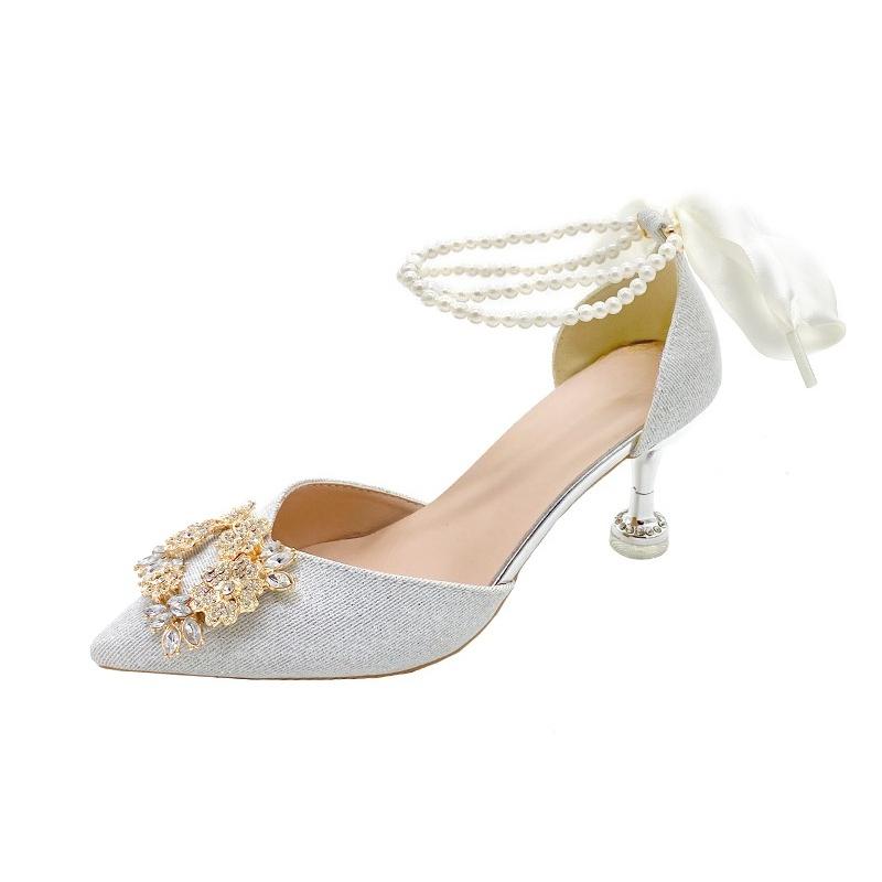 Fashion Pearl Chain Rhinestone Square Buckle High Heels Women's Pointed Toe Shallow Mouth Anti-Slip Wear-Resistant Stiletto Sandals