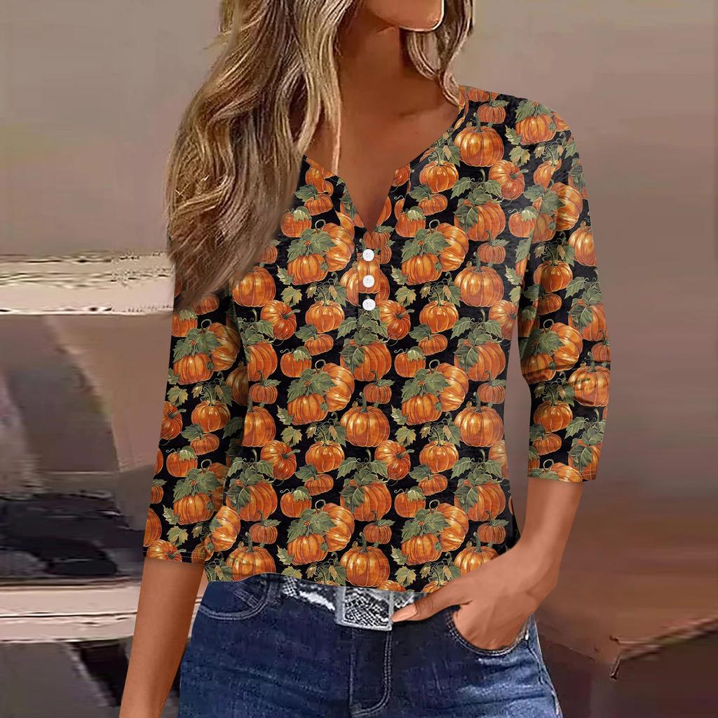 Women's Fashion Casual Halloween Printed V.Neck Short Sleeve Decorative Button Three.quarter Sleeve T-shirt Tor
