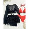 4PCS Halter With Sarong Long Sleeve Bikini Female Swimsuit Women Swimwear Four-pieces Bikini Set Bather Bathing Suit Swim V6338B
