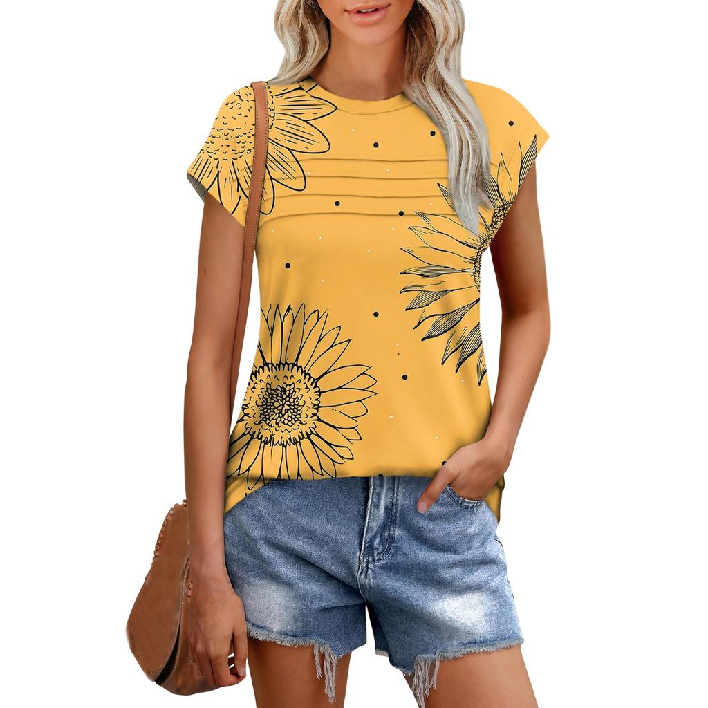 Damenmode Lässig Kurzarm Basic Textur Floral Rundhals T-Shirt Kappenärmel Top