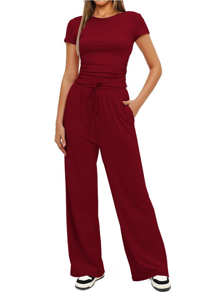 Solid Color Casual Long Sleeve Set Top High Waisted Wide Leg Pants Sportswear