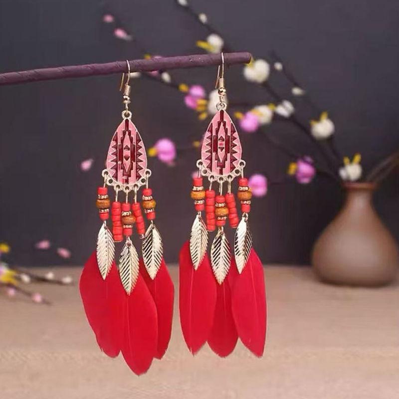 Vintage Lange Feder-Hängeohrringe für Damen Böhmischer Schmuck
