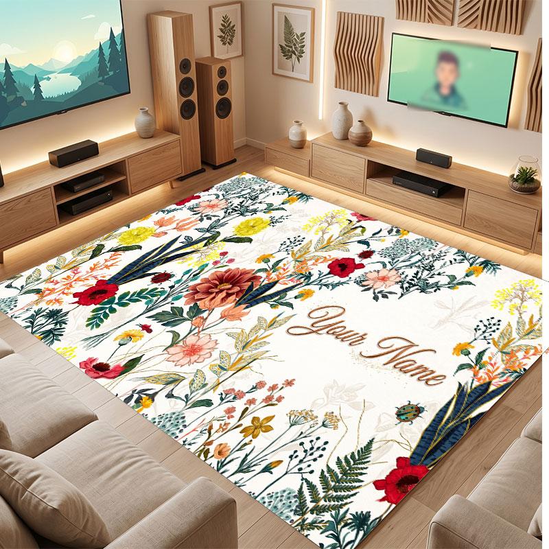 Floral Garden Theme Crystal Velvet Floor Rug Personalized Custom Name Text Warm Carpet Home Decoration