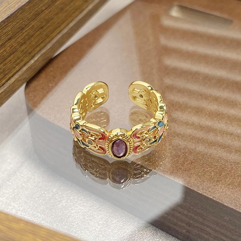 Medieval Vintage Retro Colored Enamel Open Ring Women'S Niche High-End Light Luxury Personality Ring
