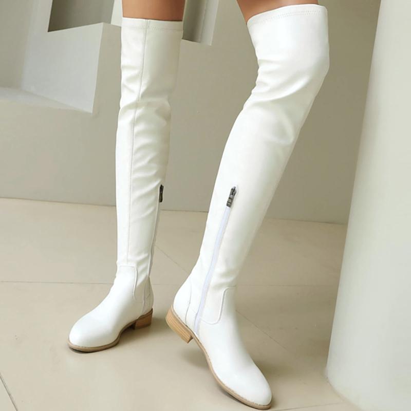Women's Thigh High Boots 2025 Low Heels Over-the-knee Boot Black Red White Long Footwear Shoes Ladies Large Size 48 Water-proof