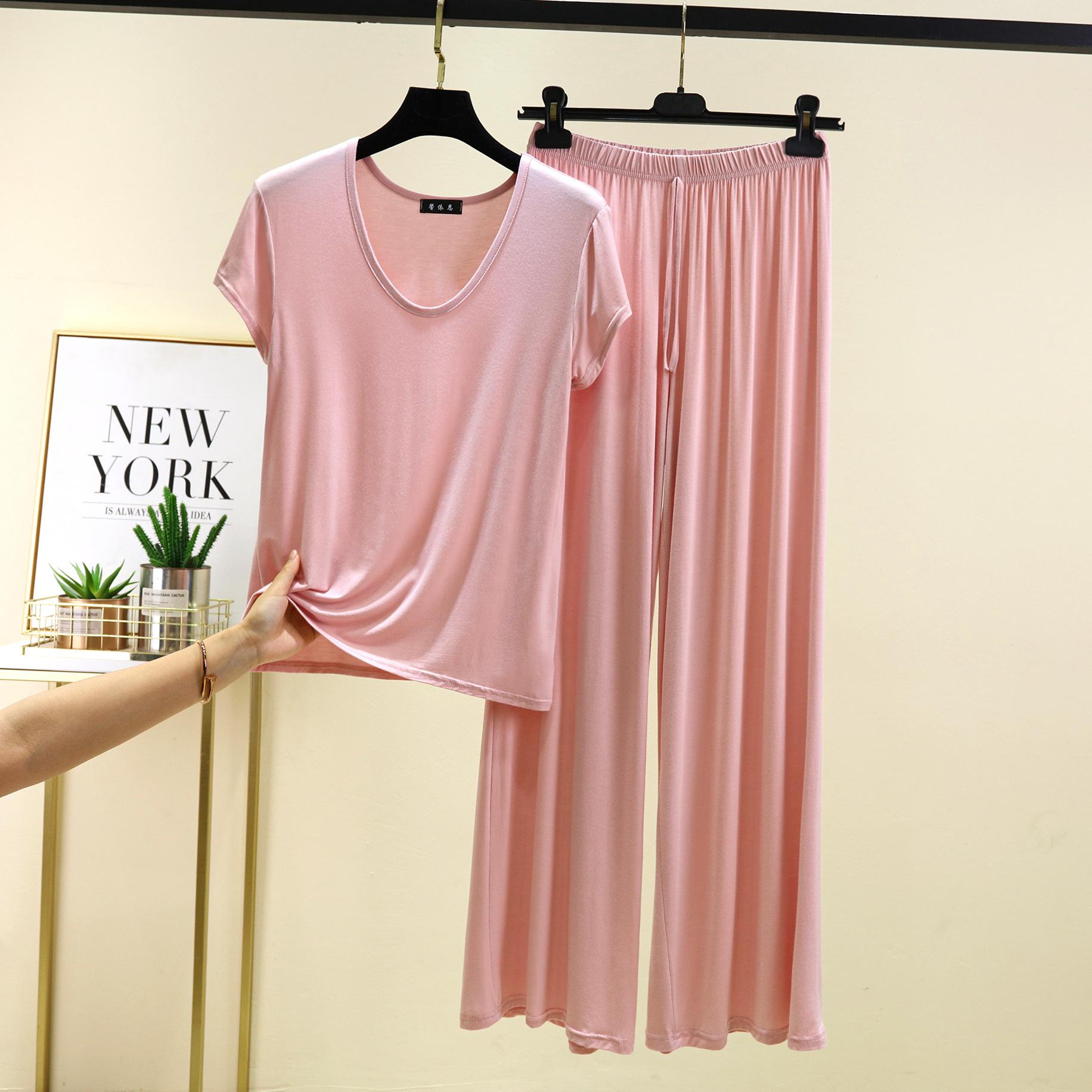 

Большие размеры от M до 6XL Футболка с коротким рукавом и U-образным вырезом и широкие брюки Женская домашняя одежда, комплект из 2 предметов, летняя модальная пижама, однотонные повседневные пижамы 6XL