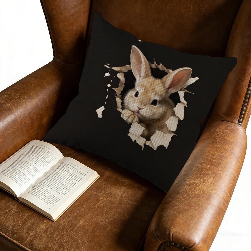 Cute Rabbit Throw Pillowcase D Flat Printed Peach Skin Animal Cushion Cover Funny Broken Wall Design Decorative Pillow