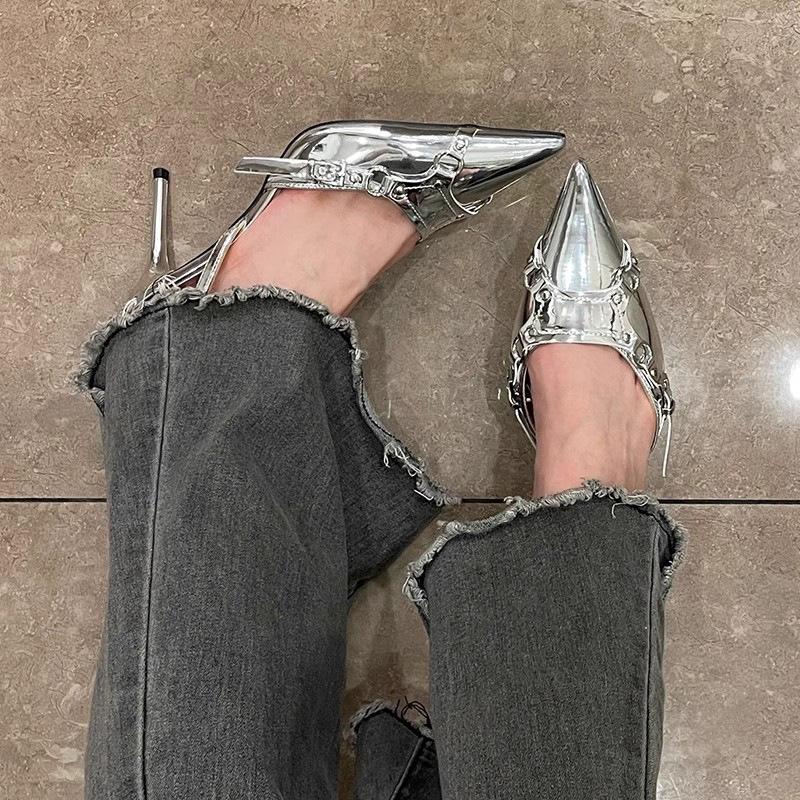 

European and American new pointed silver thin heel rivet high heels women s light mouth sexy royal sister wind patent leather bag head sandals summer 40
