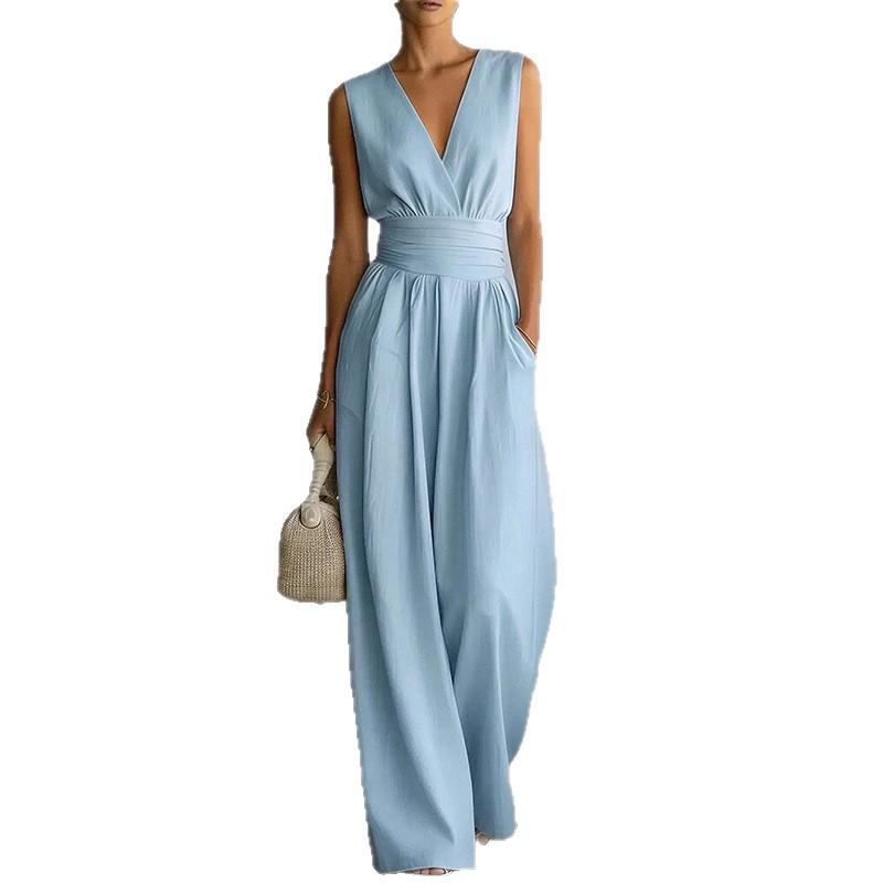 2026 Cross-border European and American Women's Clothing, New Summer Fashion Temperament Commuting Solid Color Waist Wide-leg Jumpsuit Clothes