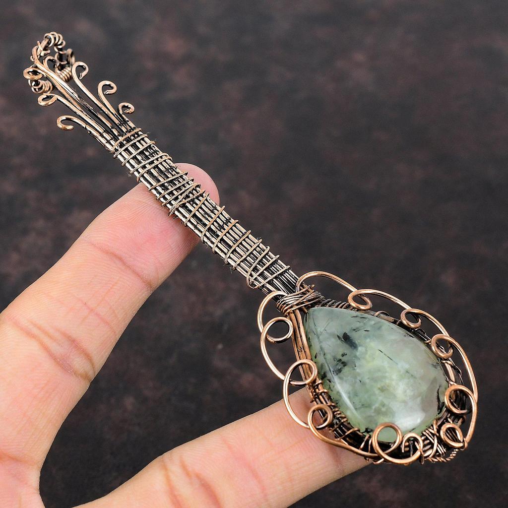 Moss Prehnite Copper Wire Wrapped Pendant Gemstone Pendant Moss Prehnite Copper Jewelry Gift For Her Guitar Pendant Handmade Ethnic Pendant