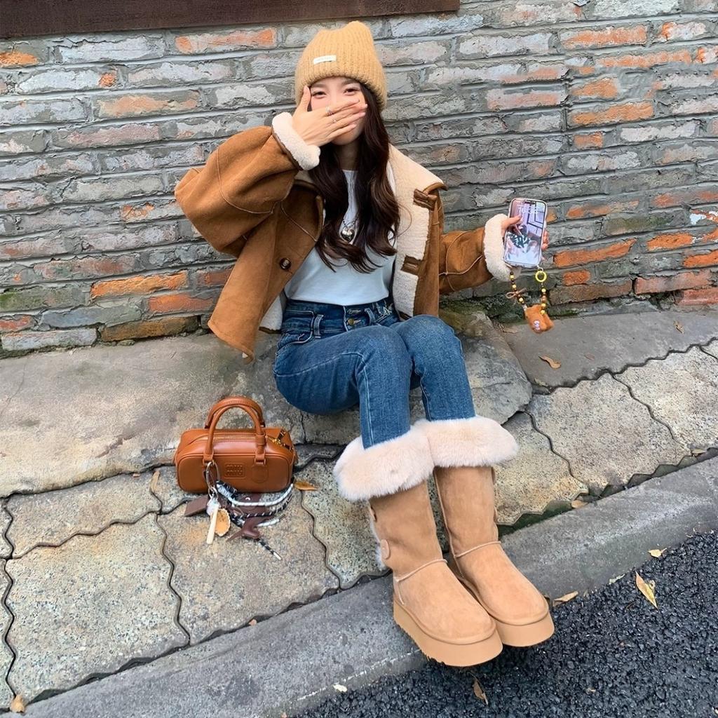 Fur integrated snow boots women's 2025 winter new thick-soled high tube two wear folded versatile thickened warm cotton shoes