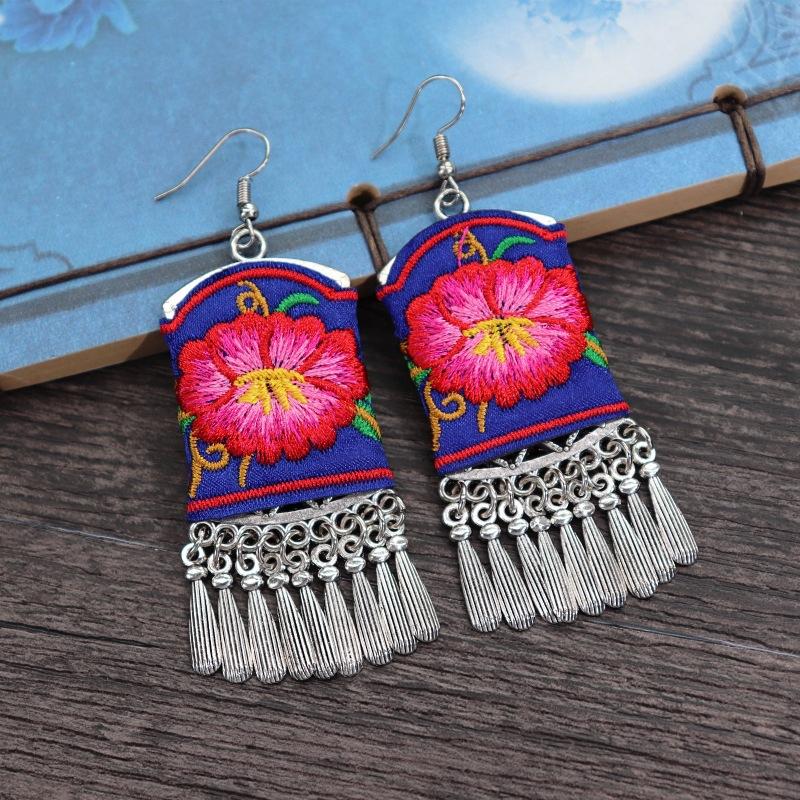 Retro hand-embroidered fabric earrings female long flower fringed versatile temperament performance earrings earrings