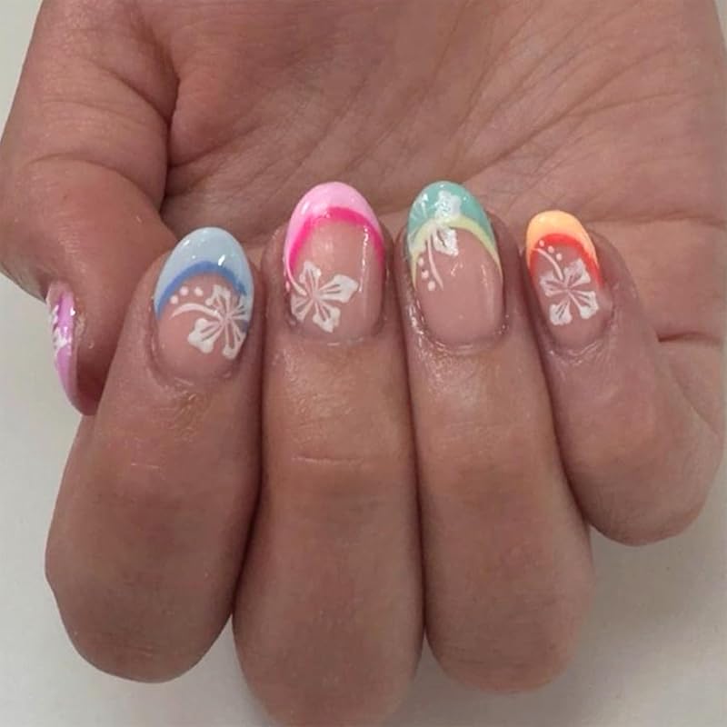 Colorful French Tip Press on Nails Glossy Nude Fake Nails Short Oval Lines Glue on Nails Reusable Acrylic Stick on Nails for Women
