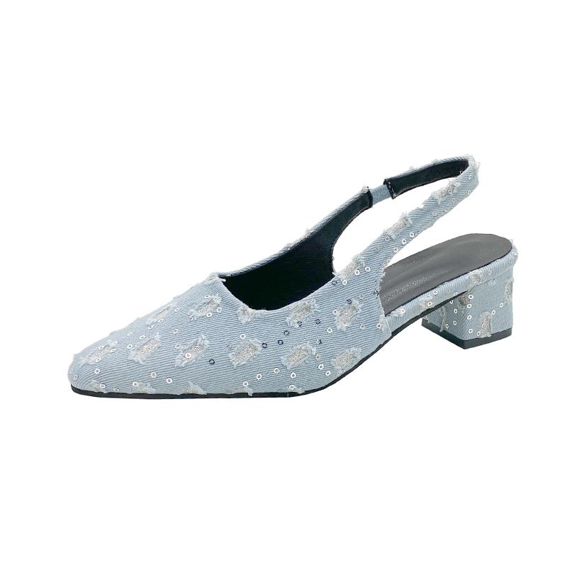Fashion Spring New Baotou Sandals for Women Fashion Pointe Shallow Mouth Sequin Cloth Slip-on Anti-slip and Wear-resistant Heel Shoes
