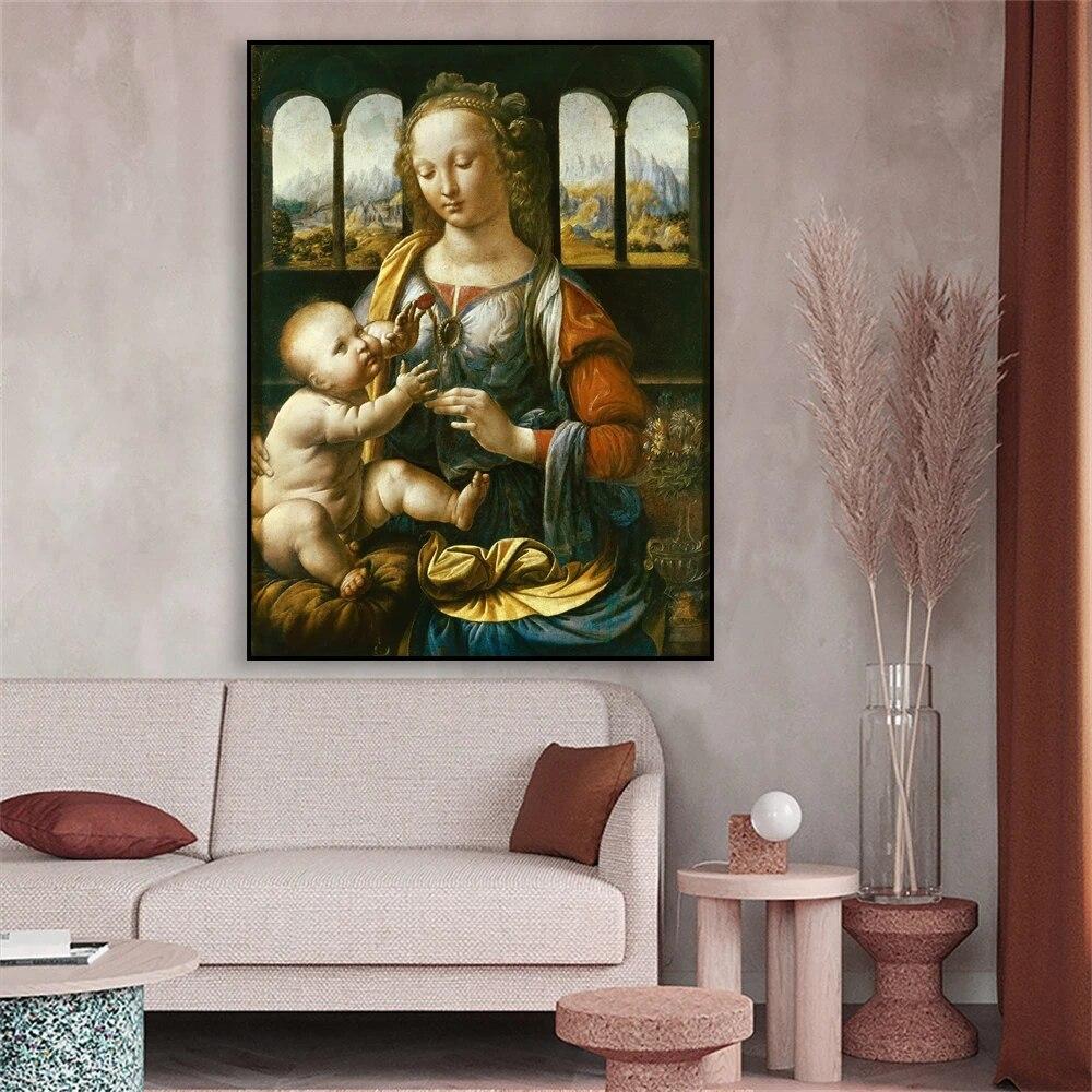 Classical Madonna of the Carnation Prints Poster Leonardo da Vinci Art Print Canvas Painting Woman Wall Decor Vintage Art Decor