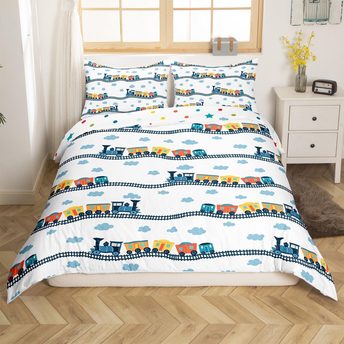 

Cartoon Train Duvet Cover Set Black Trains Bedding Set Boys Teens Men Bedroom Single Double Comforter Cover Decor Quilt Covers EU Single(135*200cm)3pcs