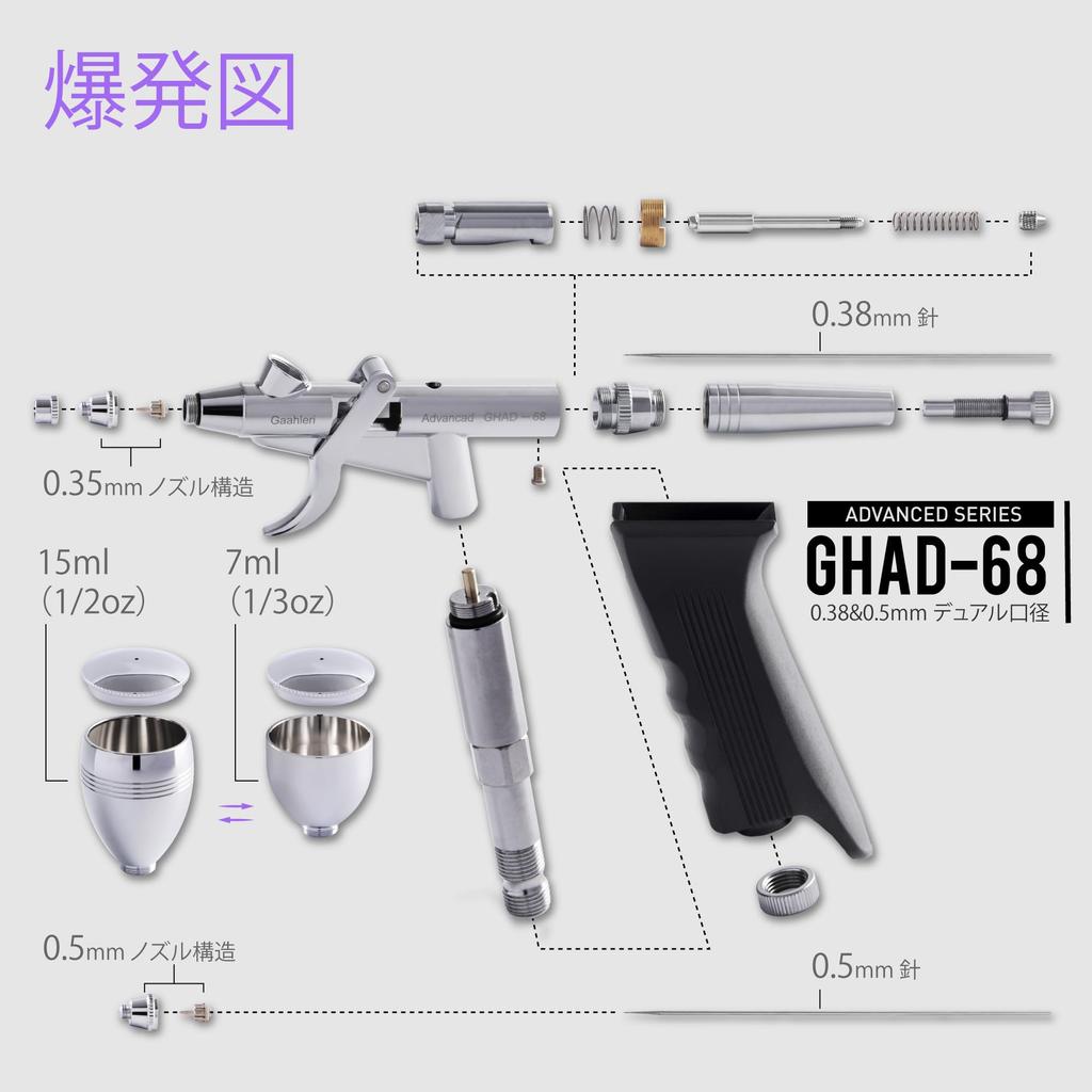 Gaahleri Dual-Action Trigger Airbrush – Advanced Series GHAD-68 (Self-Centering Insert Nozzle / 0.38 & 0.5 mm)
