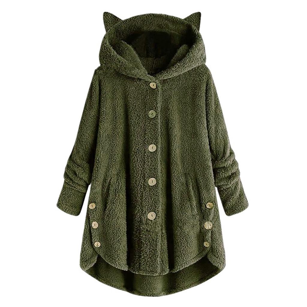 Womens Fashion Button Hooded Cat Ears Plush Irregular Soild Pocket Coat