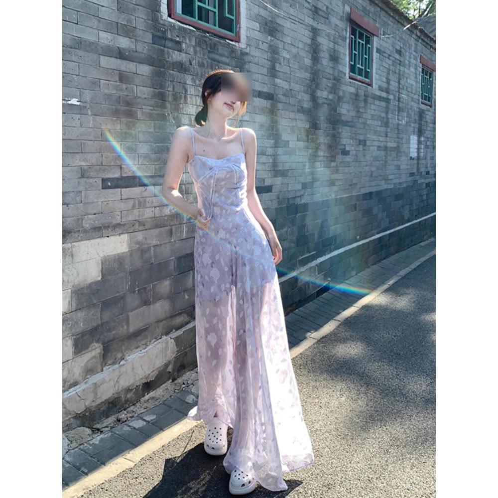 French unique and beautiful printing seaside suspender dress female super fairy vacation style atmosphere beach dress summer