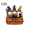 Decorative Wood Board Halloween Wooden Hanging Sign, Happy Door Sign with Gnomes/Ghosts, Retro Ornament for Shop Autumn Harvest Festival Wall