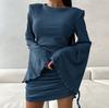 Autumn Sexy Temperament Fashion Crew Neck Flared Sleeve Tight Lace-up Dress European and American Knitted Solid Color Skirt