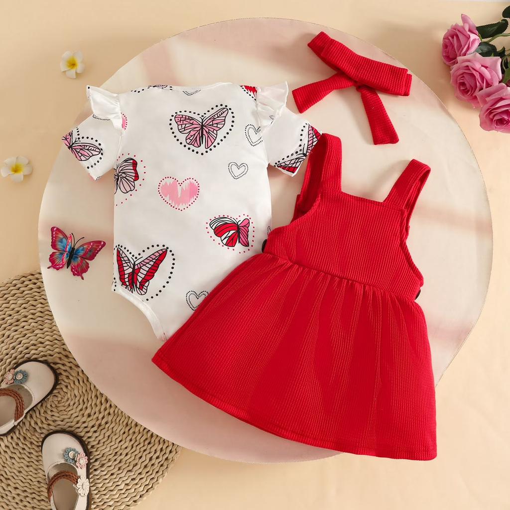 Set Outfit Estivo per Neonate Body a Manica Corta con Stampa Triangolare Cuore Farfalla Salopette in Velluto a Coste e Fascia per Capelli