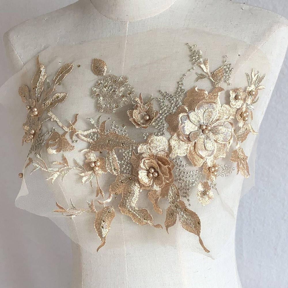 Mesh Bottom Floral Embroidered Patches Pearl Stamen 3D Flower Dress Stickers DIY Clothing Applique Clothing Decorative Patches