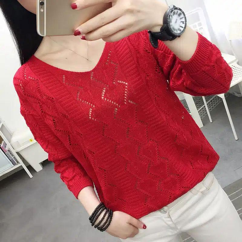 Women's Knitwear Hollow Long Sleeve Bottoming Shirt Spring and Autumn V-neck Thin Knitted Pullover Outfit Korean Style Sweaters