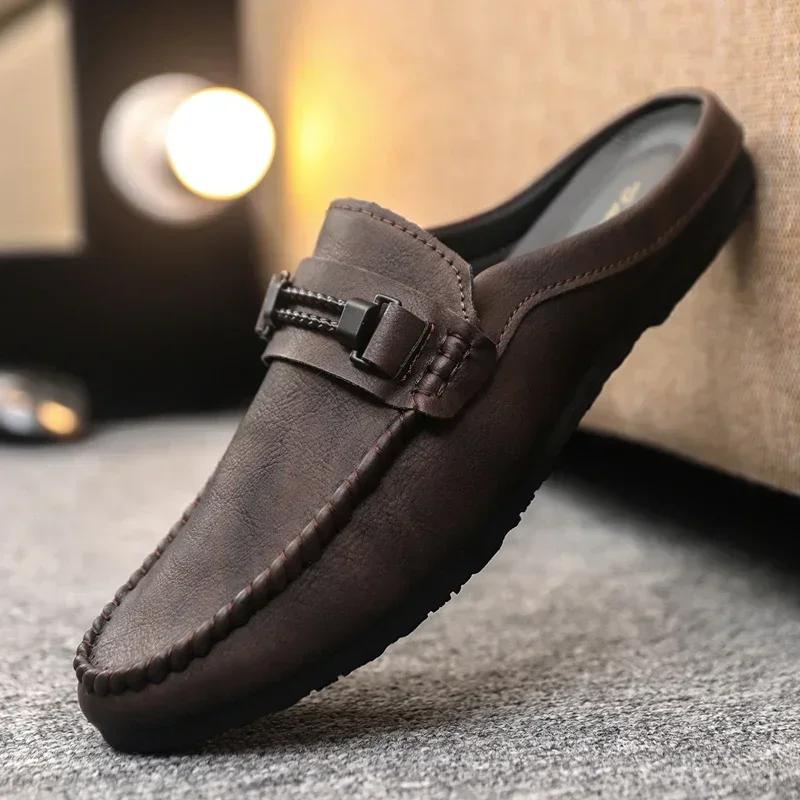Fashion Leather Men Half Slippers Summer Breathable Mens Casual Shoes Slip-on Lazy Driving Shoes Comfortable Walking Loafers Moccasins