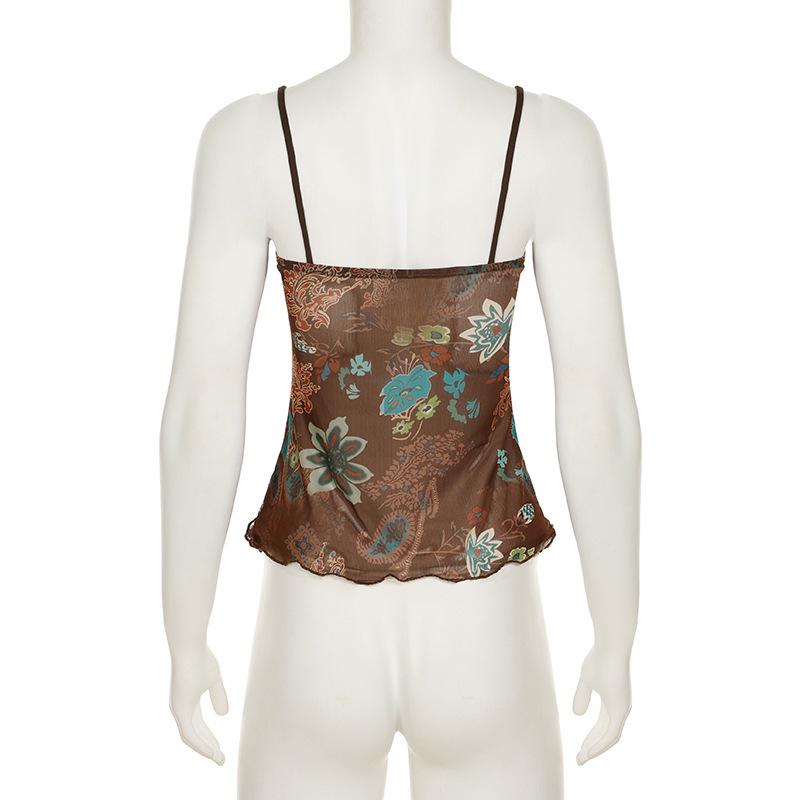 European & American Retro Print Spaghetti Strap Waist-Cinching Slim Bandeau Top