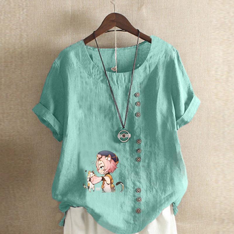 Women's Fashion Round Neck Short Sleeve T-shirt Casual Cotton Linen Graphic Shirt Leisure Loose Two Cute Little Cats Prined Summer Blouse Tops
