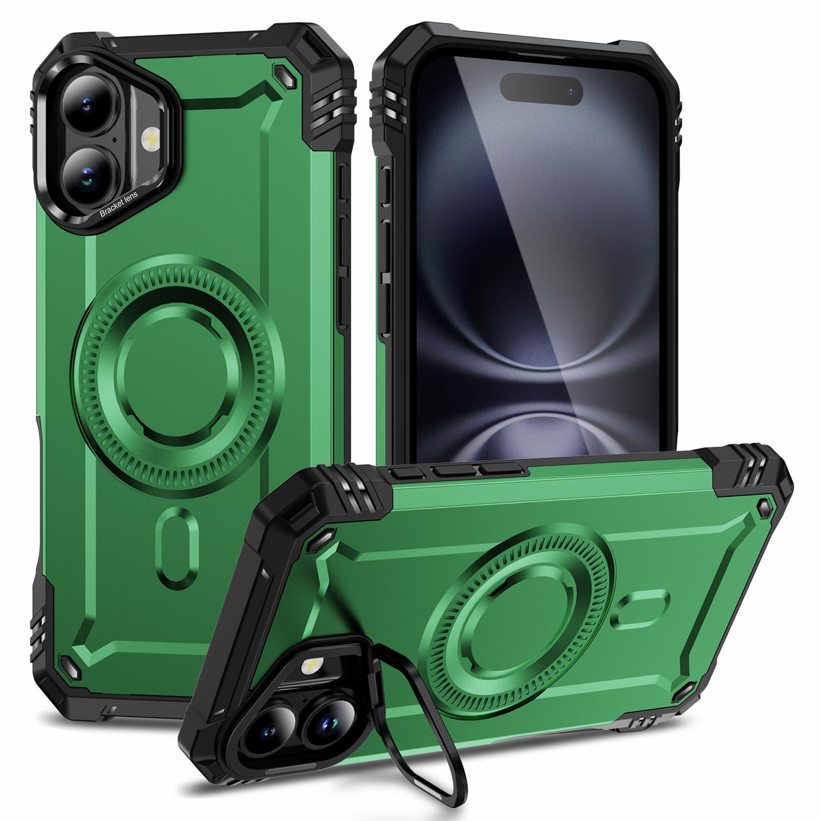 

For iPhone 16 Case Compatible with MagSafe Metal Lens Frame Kickstand PC+TPU Mobile Cover Green