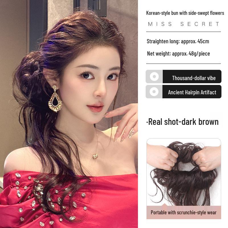Korean Style Long Fluffy Side Bun Hair Tie for Women
