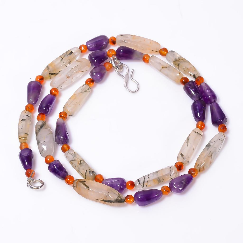 Natural Green Rutile Quartz Amethyst Carnelian Smooth Beads Necklace 3-19 mm 18" UB-8612