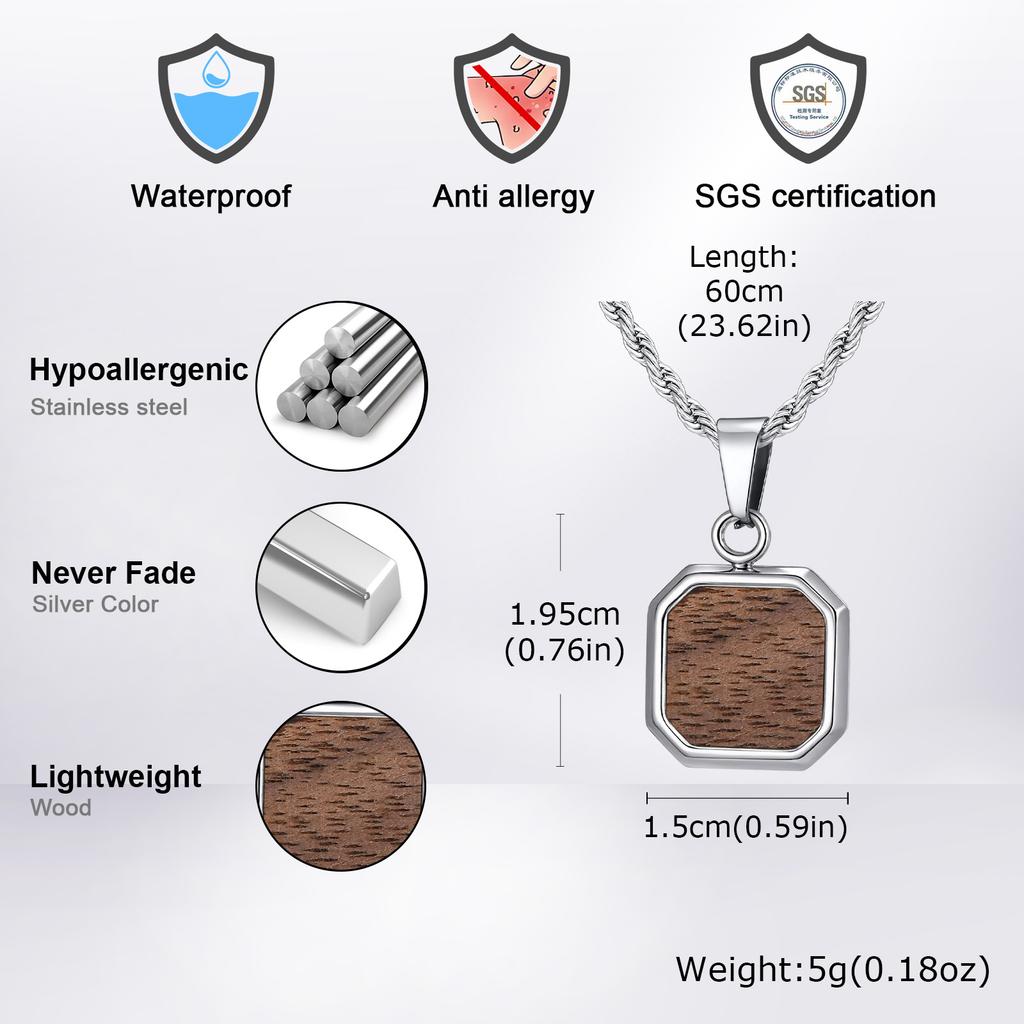 Vnox Quadratischer Holzanhänger Halskette aus Edelstahl mit gedrehter Kette, Wasserdicht Hypoallergen Minimalistischer Schmuck Geschenk für Männer