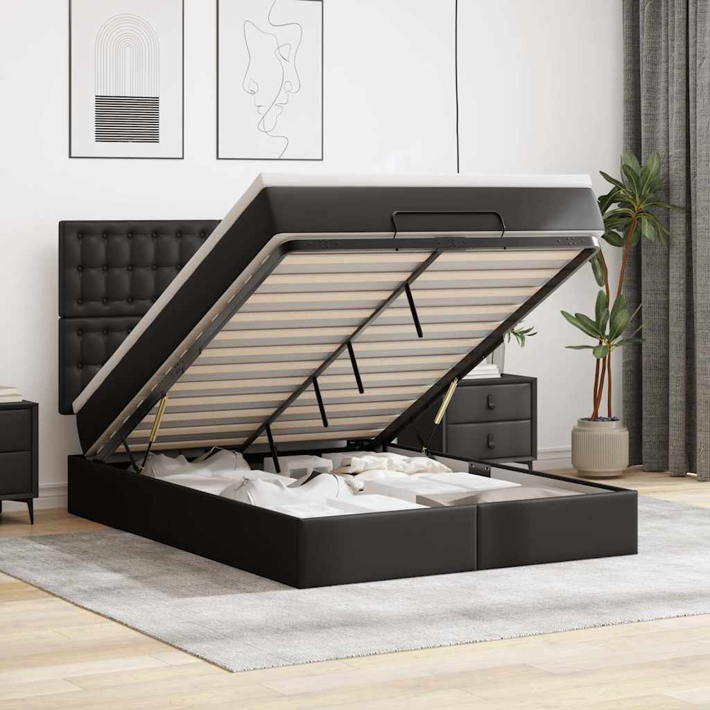 Ottoman Bed with Mattress Black 140x190 cm Faux Leather