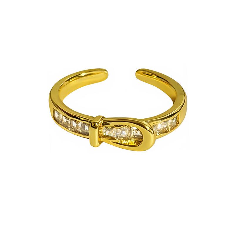 Retro Light Luxury Goldkette Hohl Vierblättriges Kleeblatt Diamantbesetzt Zirkon Kupfer Münze Gürtelschnalle Öffnungsring Nische Stapelring