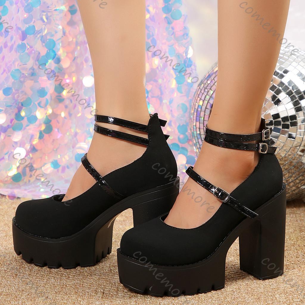Comemore Women Mary Janes Shoes Platform High Heel Spring Autumn New Lolita Shoes Chunky Pumps Ankle Buckle Heels Women