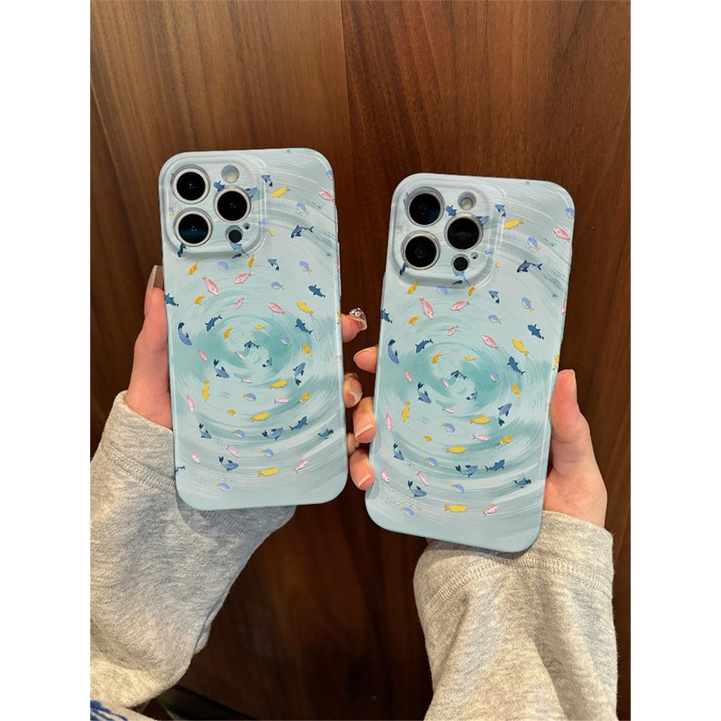 Cute Ocean Fish Phone Case, Aesthetic Blue Sea Wave Pattern Hard Protective Cover For iPhone