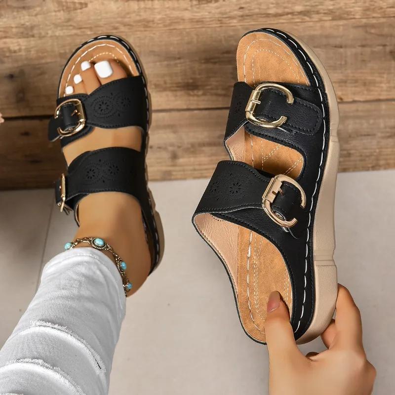 Fashion Fashion Summer Women Slipper Closed Toe Summer Shoes Comfort Double Buckle Wedge Ladies Sandals Platform Casual Slippers