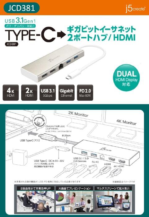 J5create Stație de Andocare Mini 6 în 1 Monitor Dual PD60W HDMI4K 2K LAN cu Fir Carcasă Aluminiu Compatibilă cu MacBook USB-C USB3.0 Windows,