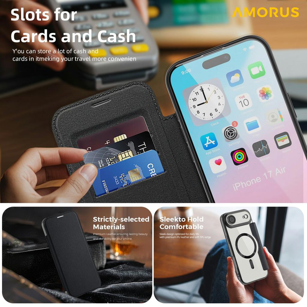AMORUS For iPhone 17 Air Case Compatible with MagSafe RFID Blocking Card Holder Leather Phone Cover