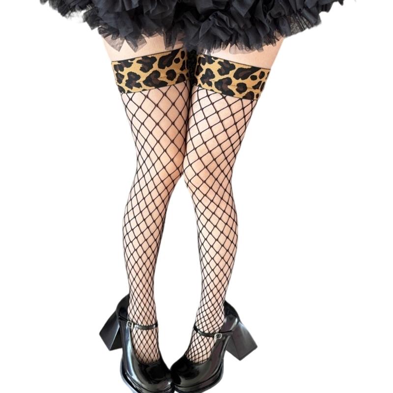 1 Pair Elastic Fishnets Thigh High Stockings Leopards Edges Design Comfortable Nylon Over Knee Fishnets for Women