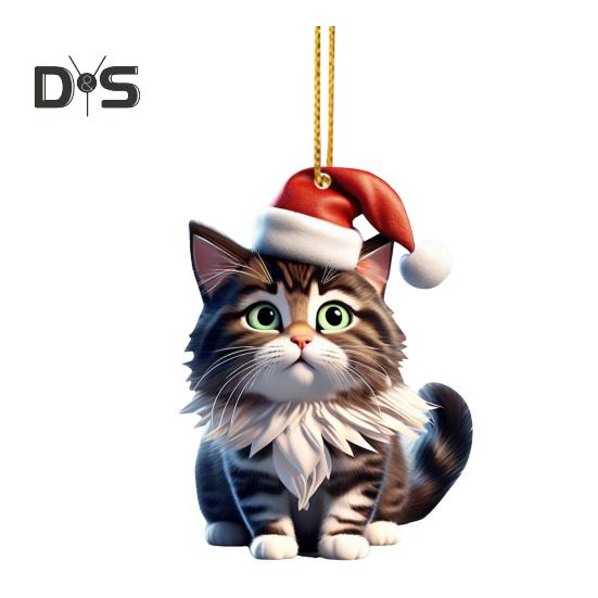 Christmas Cat Pendant Acrylic Santa Hat Cartoon Cat Hanging Decoration Key Ring Kitten Pendant Christmas Tree Decor Gift for Cat Lovers