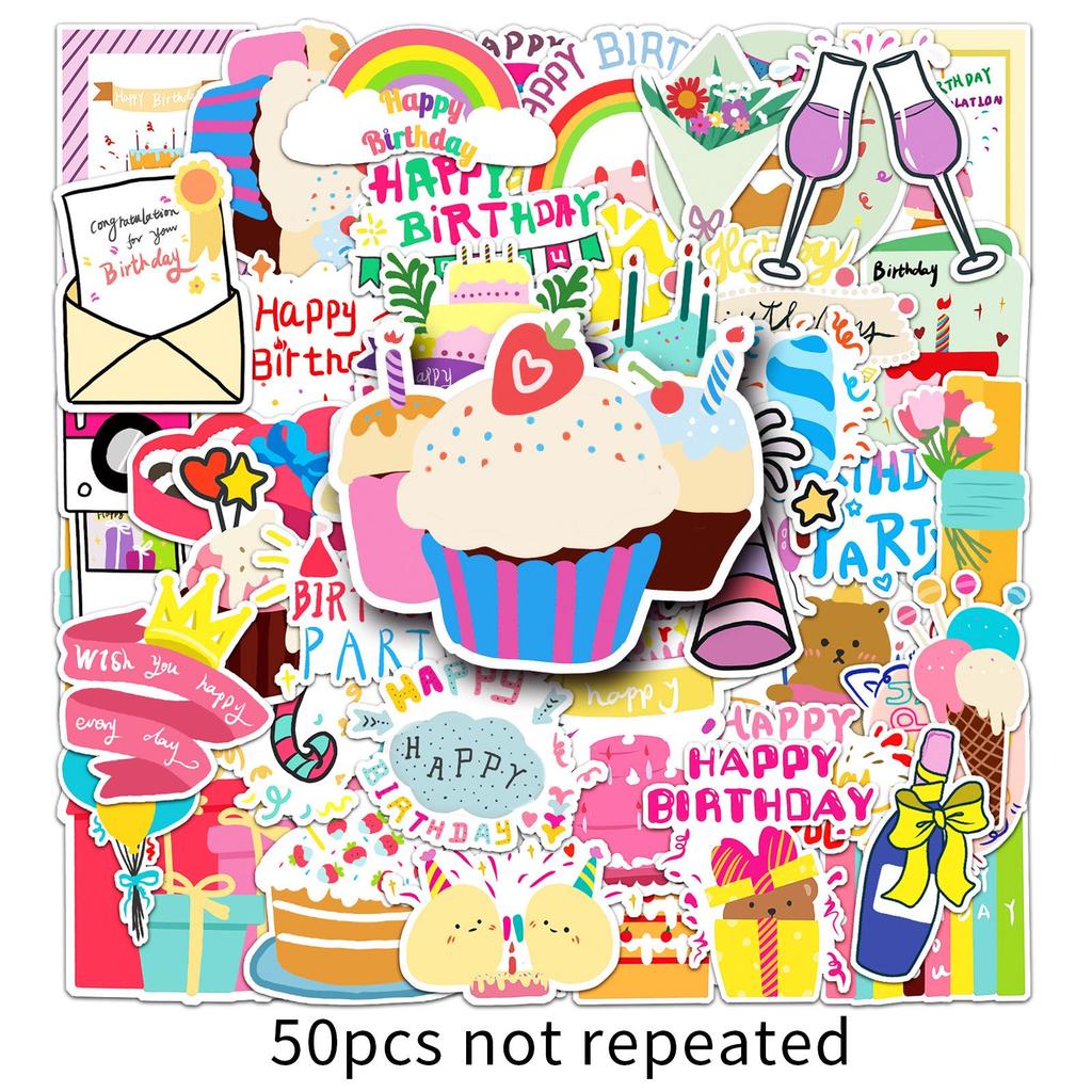 50 Waterproof Cartoon Birthday Stickers for Kids - DIY Journal, Card Making, and Water Cup Decoration