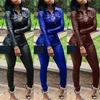 Casual Women Solid Color Faux Leather Turn Down Collar Shirt Pants Two-piece Set