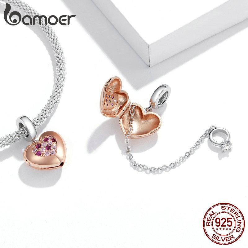 Bamoer 925 Sterling Silver Shine Pink Zircon Rose Gold Heart-shape Charm Pendant Fit Original 3mm Bracelet DIY Jewelry